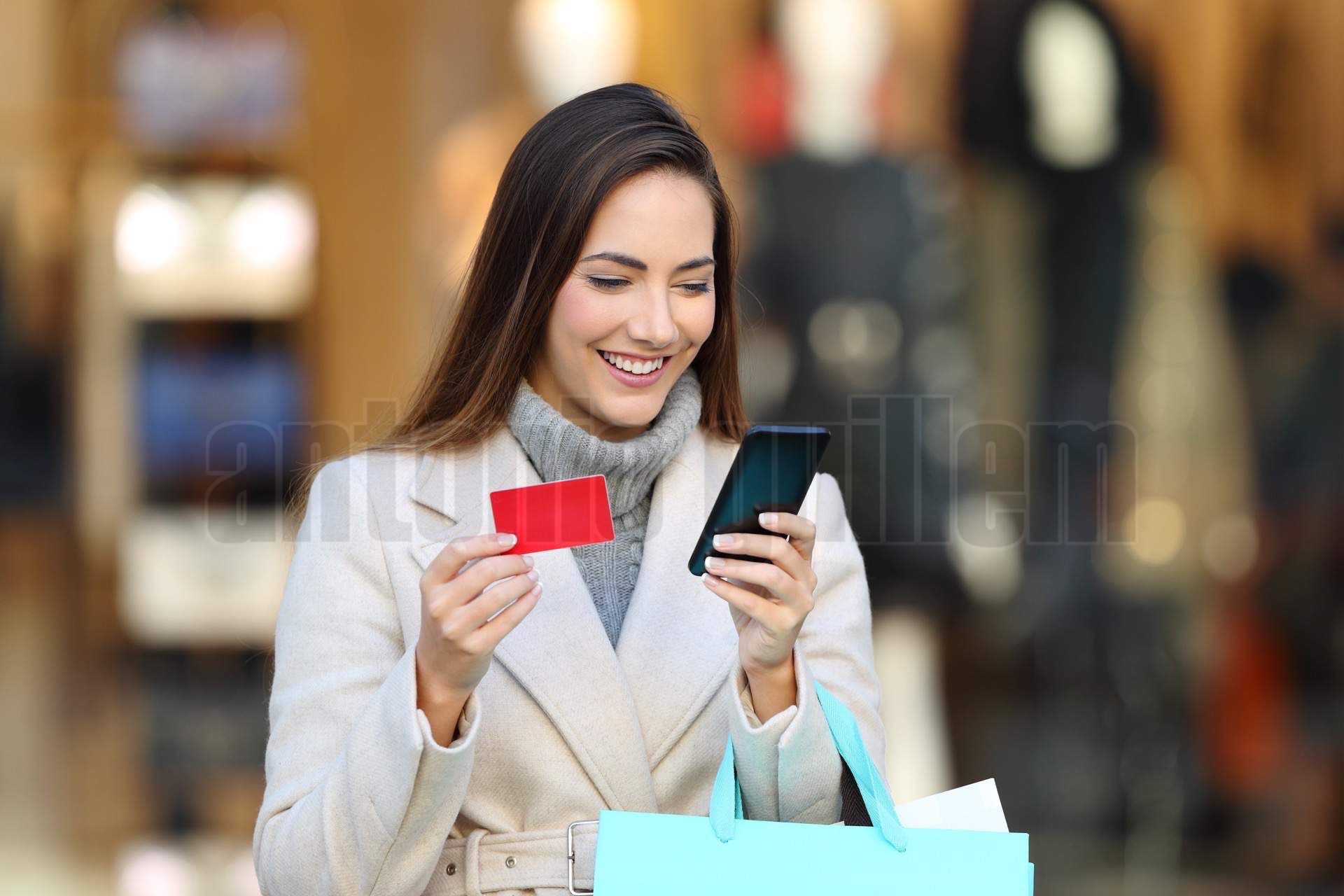 Shopper holding shopping bags paying on line